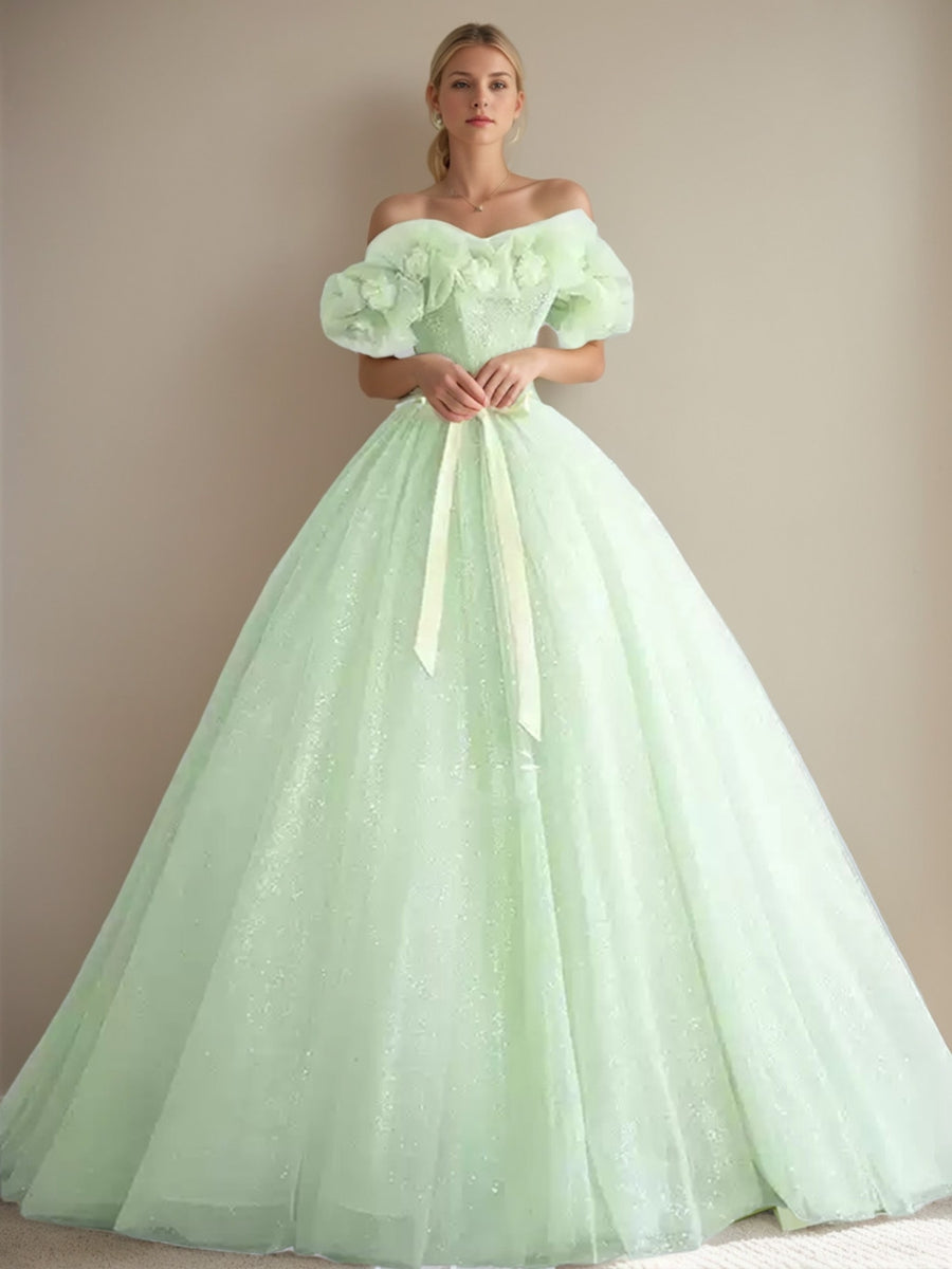 Green Sweetheart Floor-Length A-Line Princess Evening Dresses with Bow & Flower