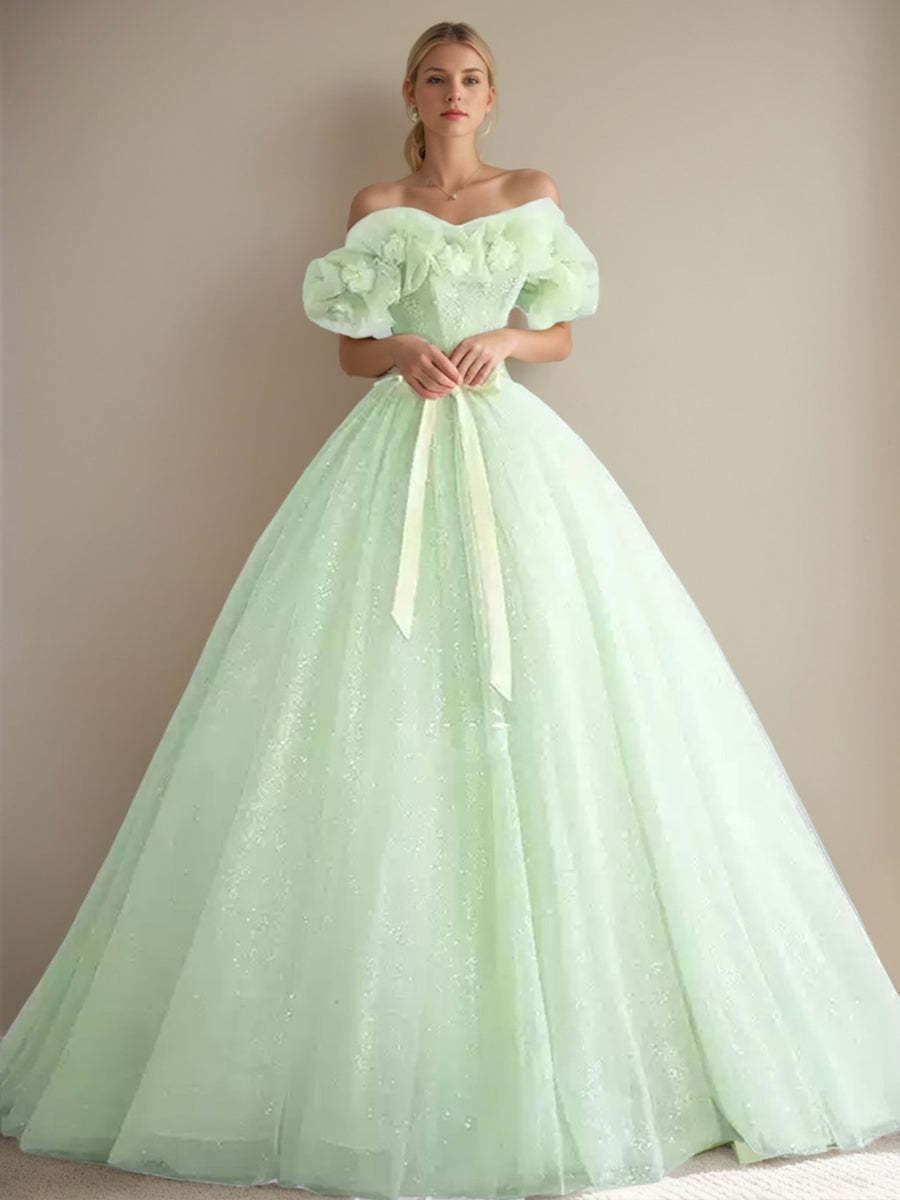 Green Sweetheart Floor-Length A-Line Princess Evening Dresses with Bow & Flower