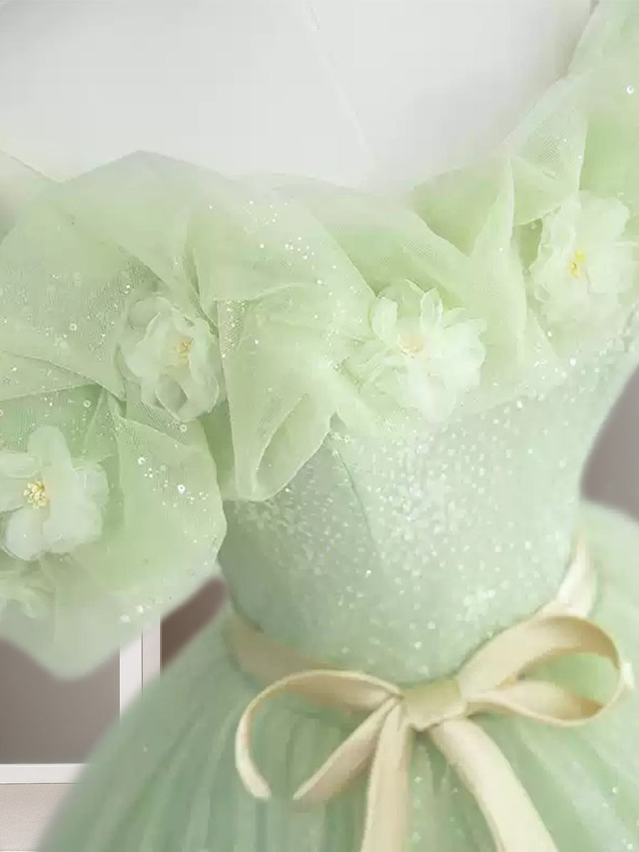 Green Sweetheart Floor-Length A-Line Princess Evening Dresses with Bow & Flower