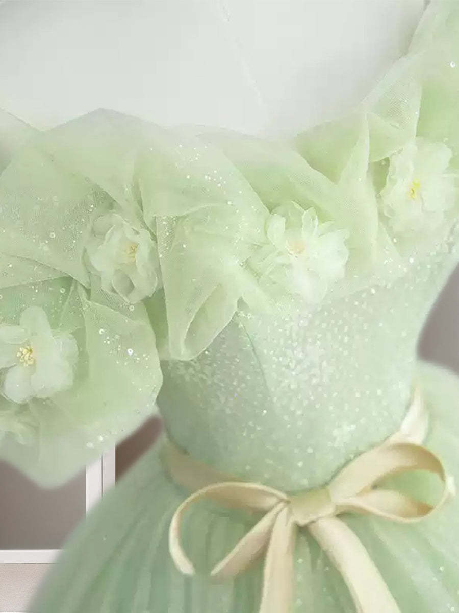 Green Sweetheart Floor-Length A-Line Princess Evening Dresses with Bow & Flower