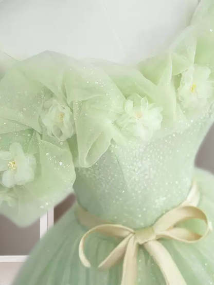 Green Sweetheart Floor-Length A-Line Princess Evening Dresses with Bow & Flower