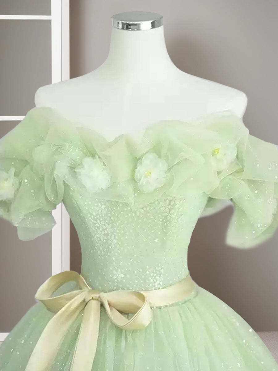 Green Sweetheart Floor-Length A-Line Princess Evening Dresses with Bow & Flower
