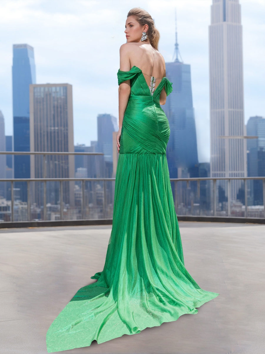 Off-the-Shoulder Sleeveless Trumpet/Mermaid Evening Dresses with Ruched Detail and High Split