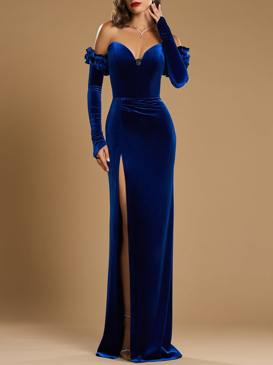 Strapless Sleeveless Evening Gown with Ruffles Rhinestones & a High Slit
