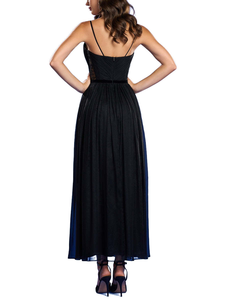 Spaghetti Strap Sleeveless A-Line Princess Evening Dress with High Split and Ruched Ankle-Length Design-BMbridal.UK