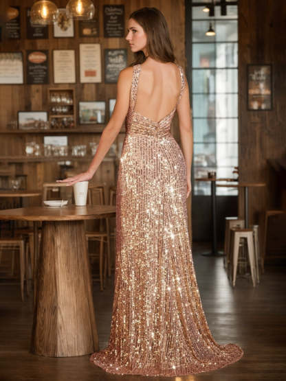 Elegant Sleeveless Sequined Evening Gown with Criss Cross Design and High Slit