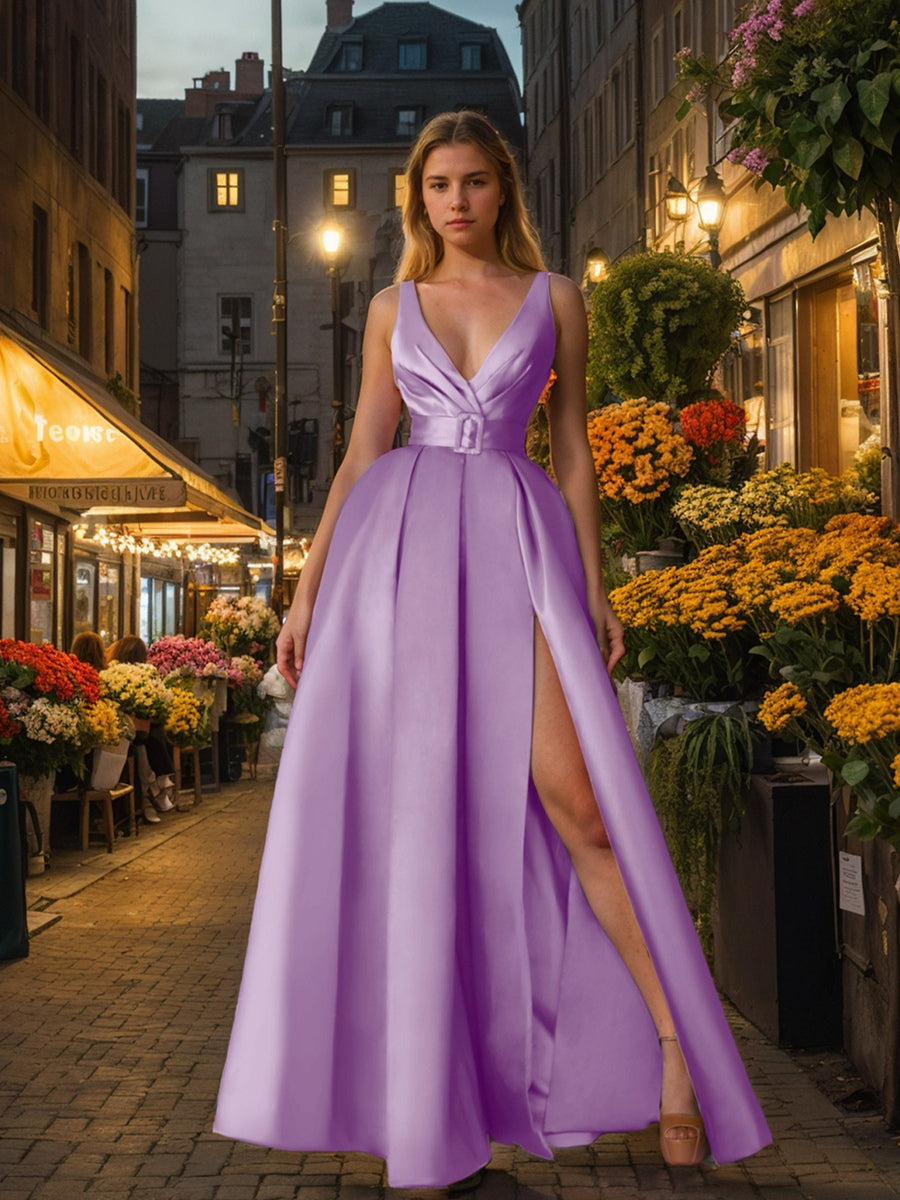 V-Neck Sleeveless A-Line Princess Evening Dresses with Ruched Detail Pocket and High Split