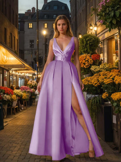 V-Neck Sleeveless A-Line Princess Evening Dresses with Ruched Detail Pocket and High Split