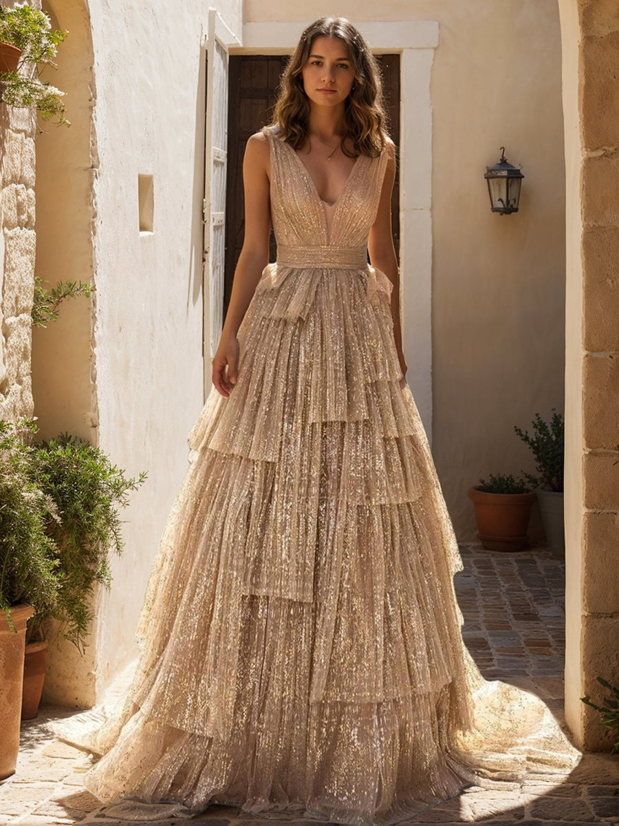 Sleeveless V-Neck A-Line Evening Dresses with Shiny Ruffles and Belt