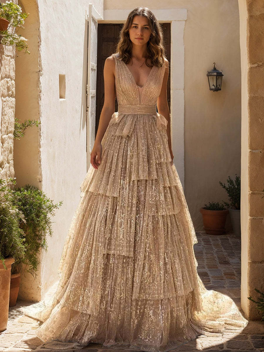 Sleeveless V-Neck A-Line Evening Dresses with Shiny Ruffles and Belt