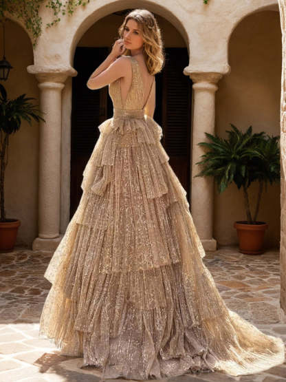 Sleeveless V-Neck A-Line Evening Dresses with Shiny Ruffles and Belt