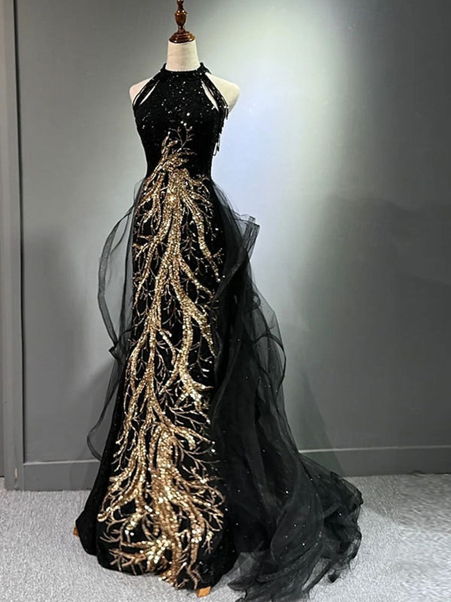 Halter Sleeveless Sequins Evening Dresses with Appliques & Beadings in A-Line/Princess Style