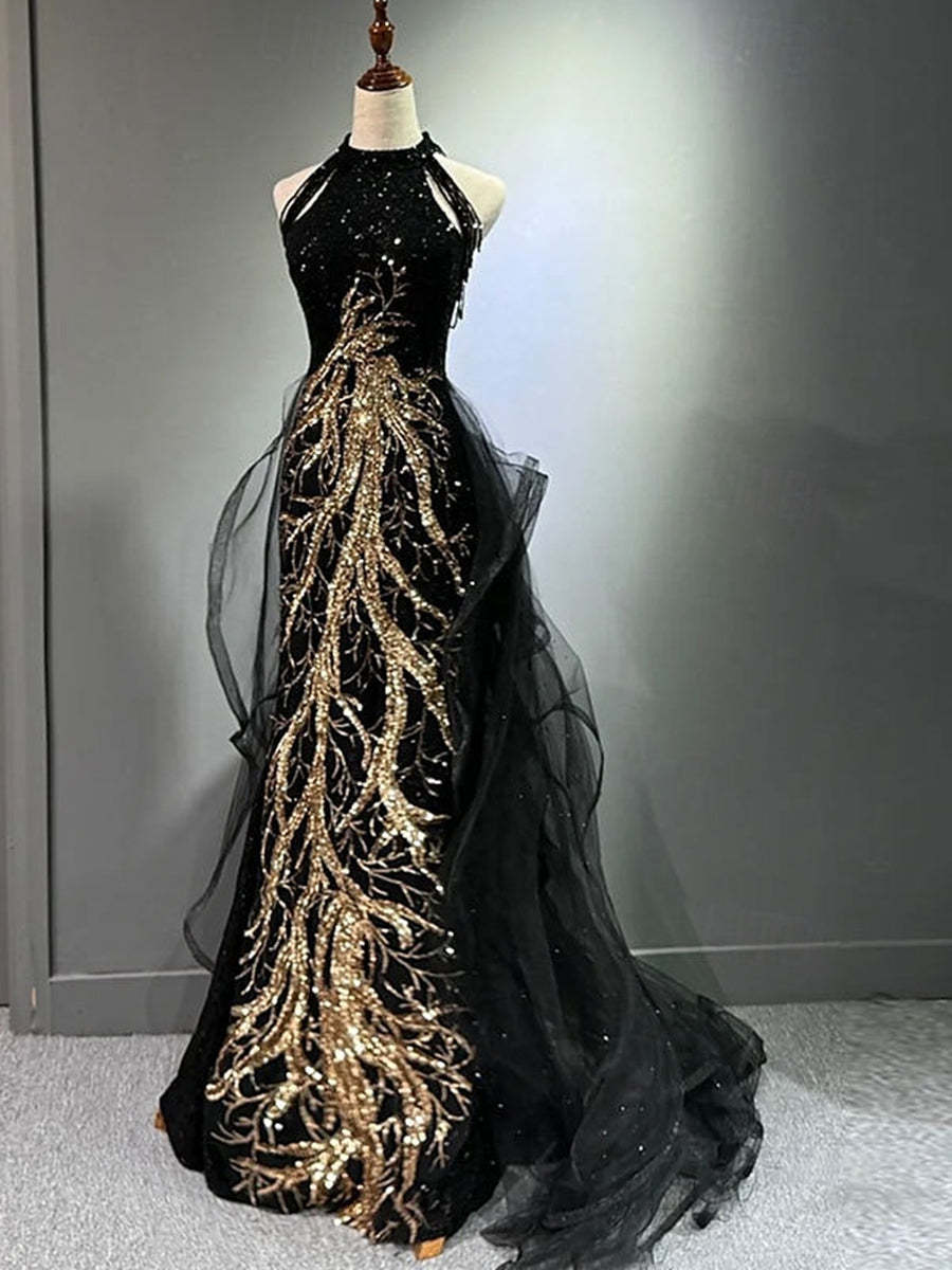 Halter Sleeveless Sequins Evening Dresses with Appliques & Beadings in A-Line/Princess Style