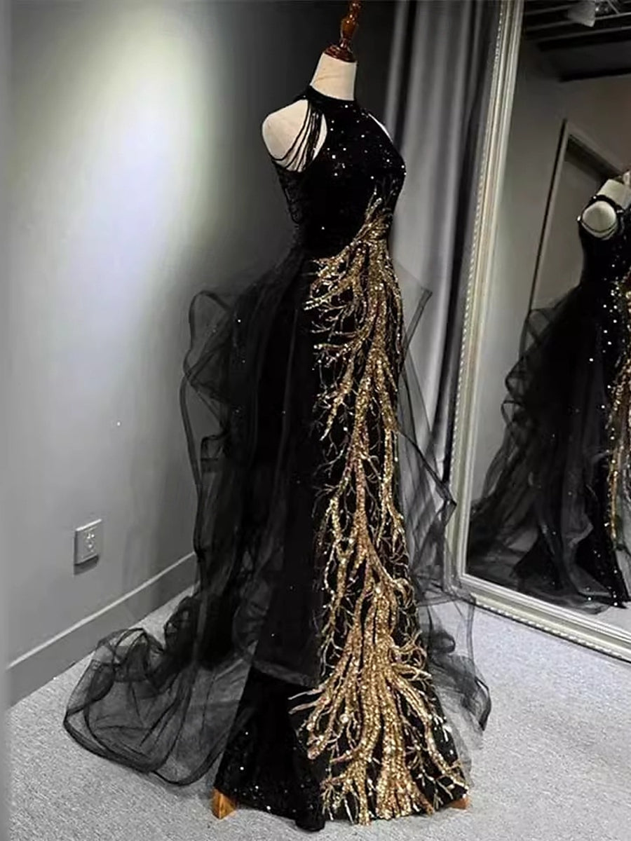 Halter Sleeveless Sequins Evening Dresses with Appliques & Beadings in A-Line/Princess Style