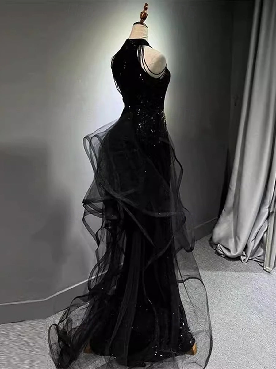 Halter Sleeveless Sequins Evening Dresses with Appliques & Beadings in A-Line/Princess Style