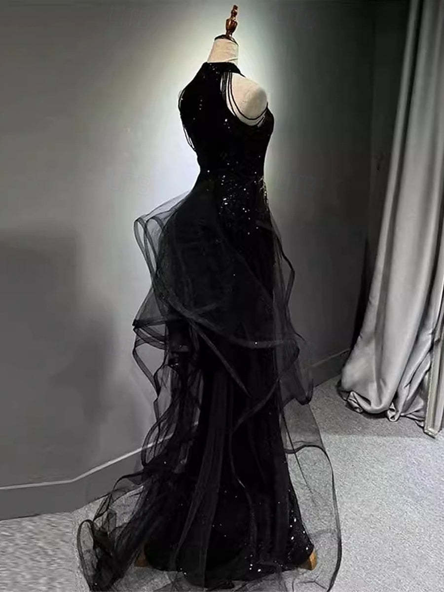 Halter Sleeveless Sequins Evening Dresses with Appliques & Beadings in A-Line/Princess Style