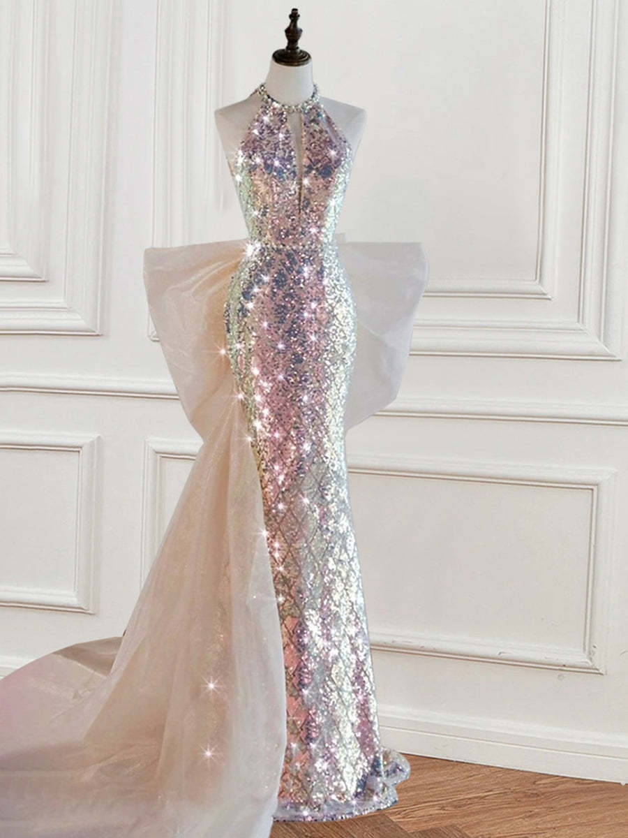 Sequined Evening Dresses with Bow & Pearl in Trumpet/Mermaid Halter Sleeveless Style