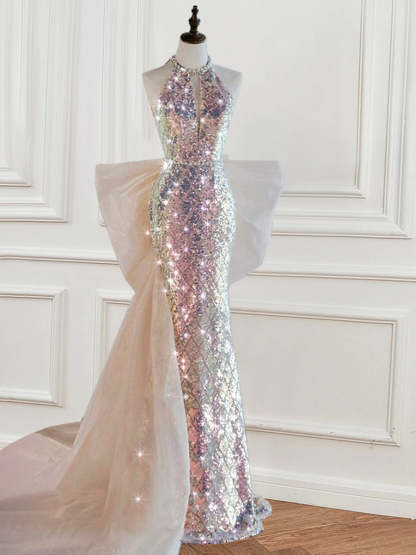 Sequined Evening Dresses with Bow & Pearl in Trumpet/Mermaid Halter Sleeveless Style