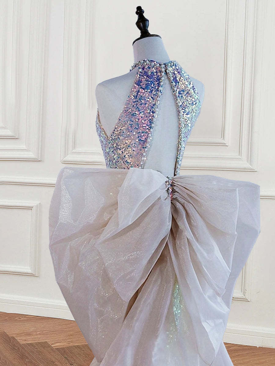 Sequined Evening Dresses with Bow & Pearl in Trumpet/Mermaid Halter Sleeveless Style