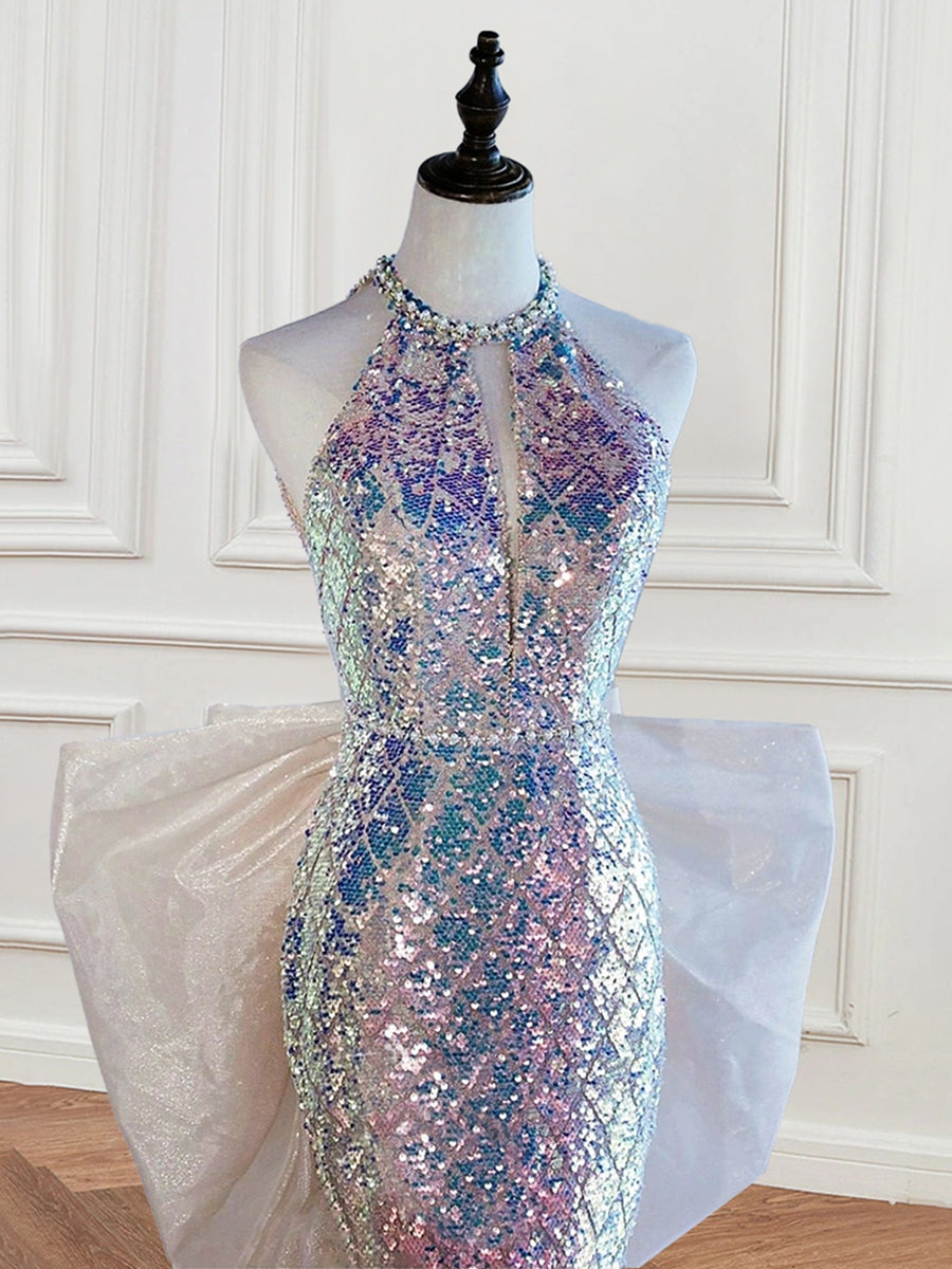 Sequined Evening Dresses with Bow & Pearl in Trumpet/Mermaid Halter Sleeveless Style