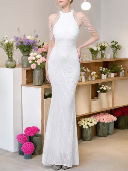 Elegant Floor-Length Evening Dresses with Trumpet/Mermaid Halter Sequined and Beaded Tassels