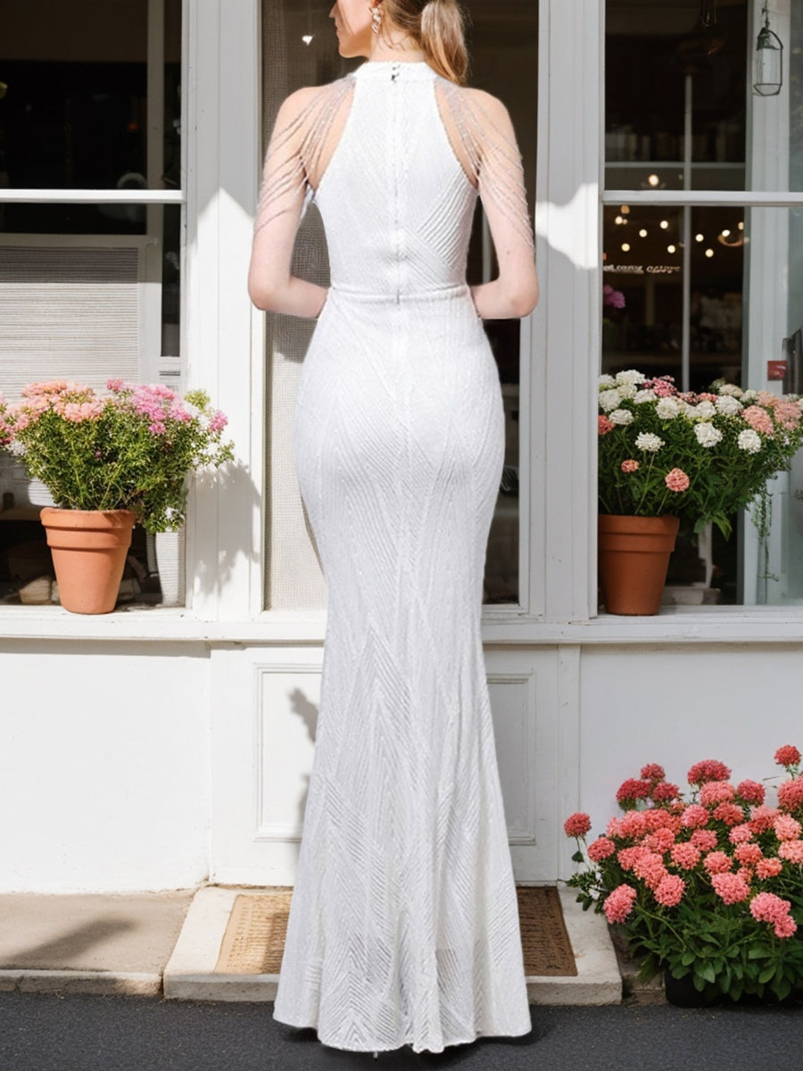 Elegant Floor-Length Evening Dresses with Trumpet/Mermaid Halter Sequined and Beaded Tassels