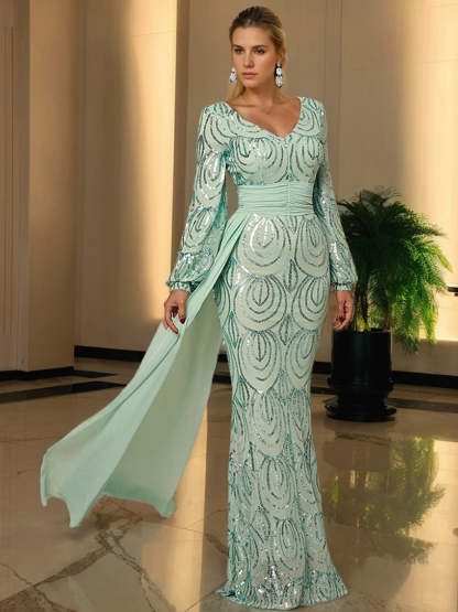 Floor-Length Pleated V-Neck Evening Dresses with Sequins & Ruffles in Sheath/Column Style