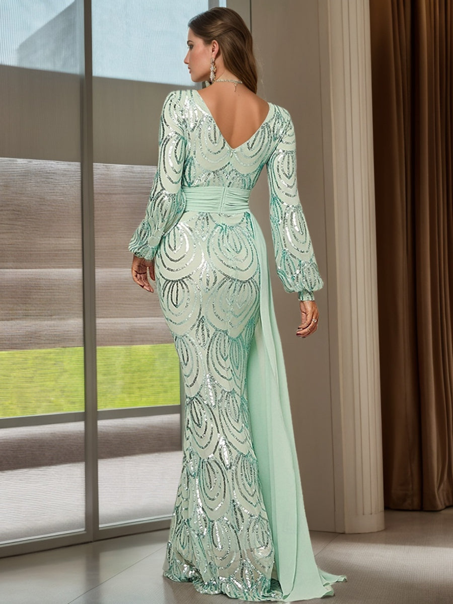 Floor-Length Pleated V-Neck Evening Dresses with Sequins & Ruffles in Sheath/Column Style