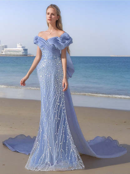 Evening Dresses with V-Neck and Short Sleeves: Trumpet/Mermaid Silhouette Sequins Bow & Watteau Train-BMbridal.UK