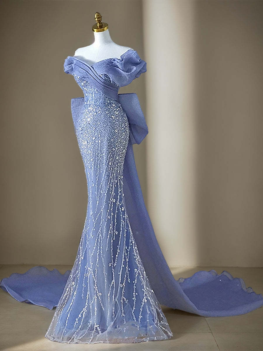 Evening Dresses with V-Neck and Short Sleeves: Trumpet/Mermaid Silhouette Sequins Bow & Watteau Train-BMbridal.UK