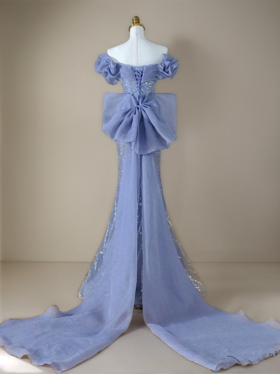 Evening Dresses with V-Neck and Short Sleeves: Trumpet/Mermaid Silhouette Sequins Bow & Watteau Train-BMbridal.UK