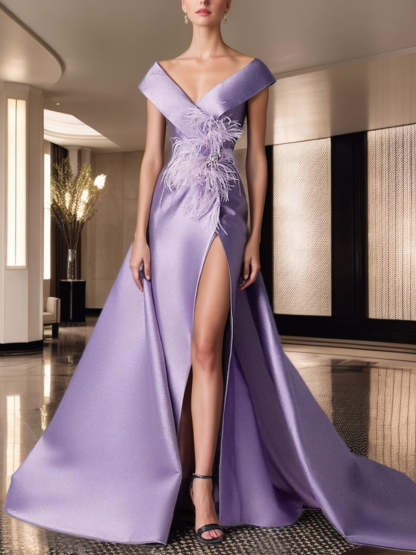 Sleeveless Long A-Line Princess V-Neck Evening Dress with High Slit and Feather