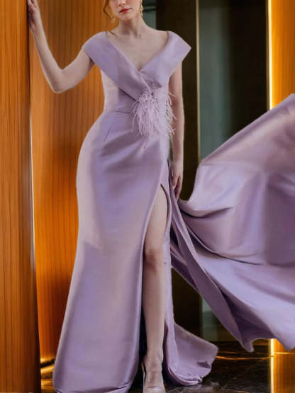 Sleeveless Long A-Line Princess V-Neck Evening Dress with High Slit and Feather