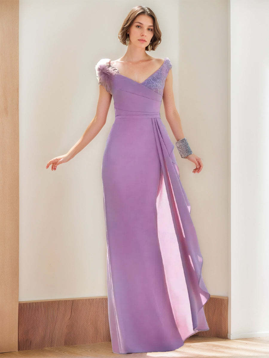 Elegant Sleeveless V-Neck Evening Dresses with Feather and Appliques