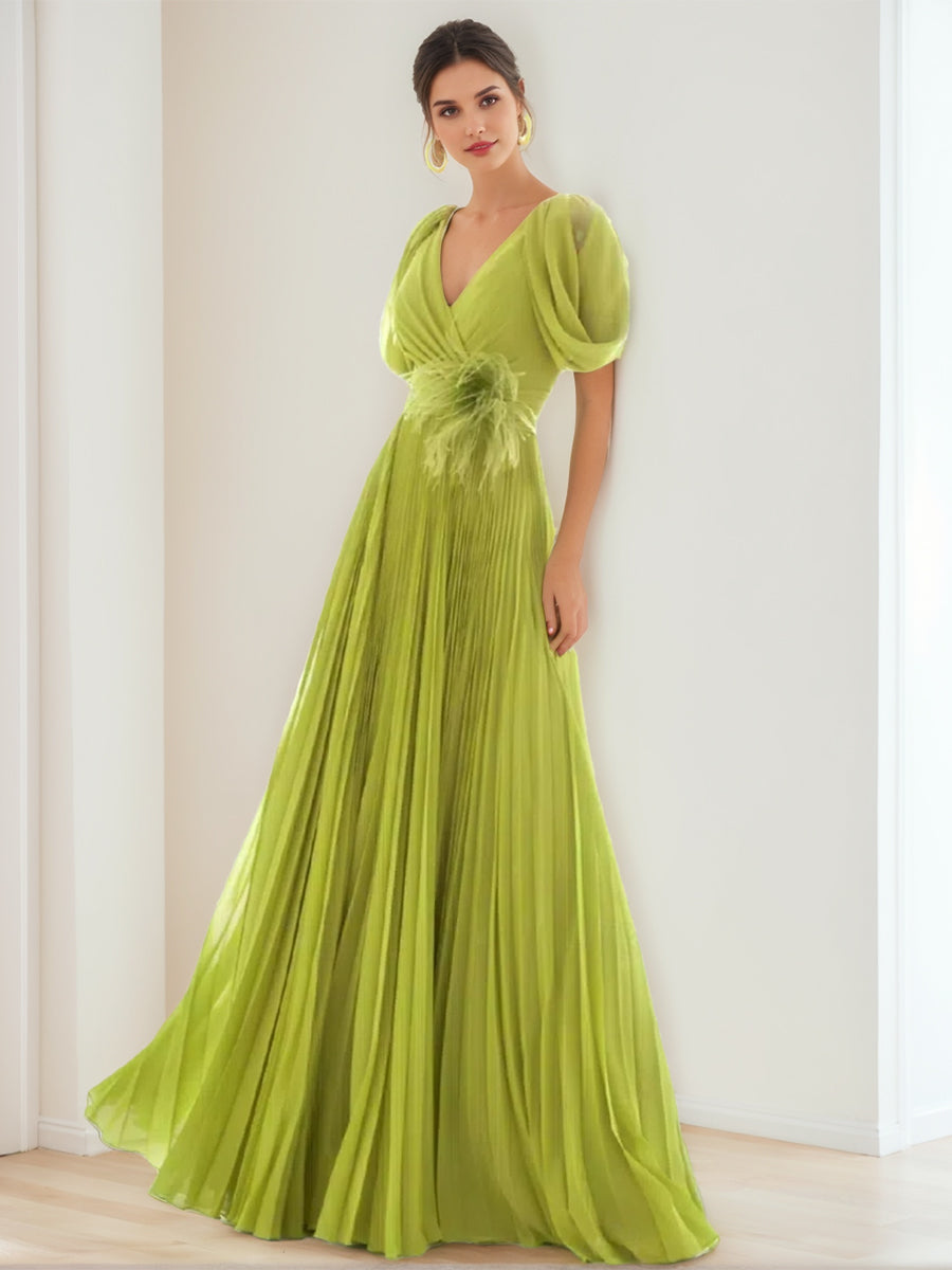 Feather & Pleat A-Line/Princess V-Neck Chiffon Evening Dress with Short Sleeves
