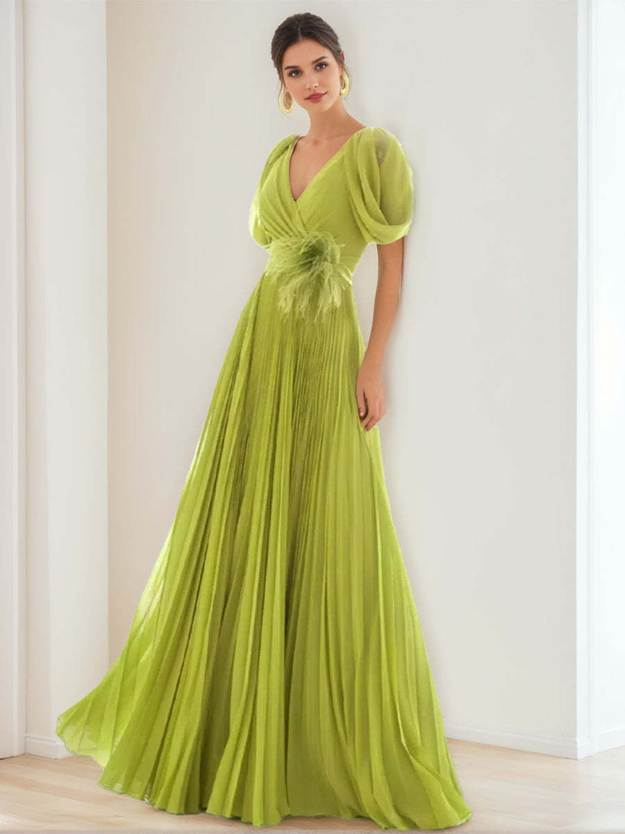 Feather & Pleat A-Line/Princess V-Neck Chiffon Evening Dress with Short Sleeves