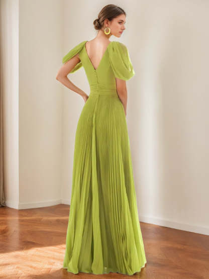 Feather & Pleat A-Line/Princess V-Neck Chiffon Evening Dress with Short Sleeves