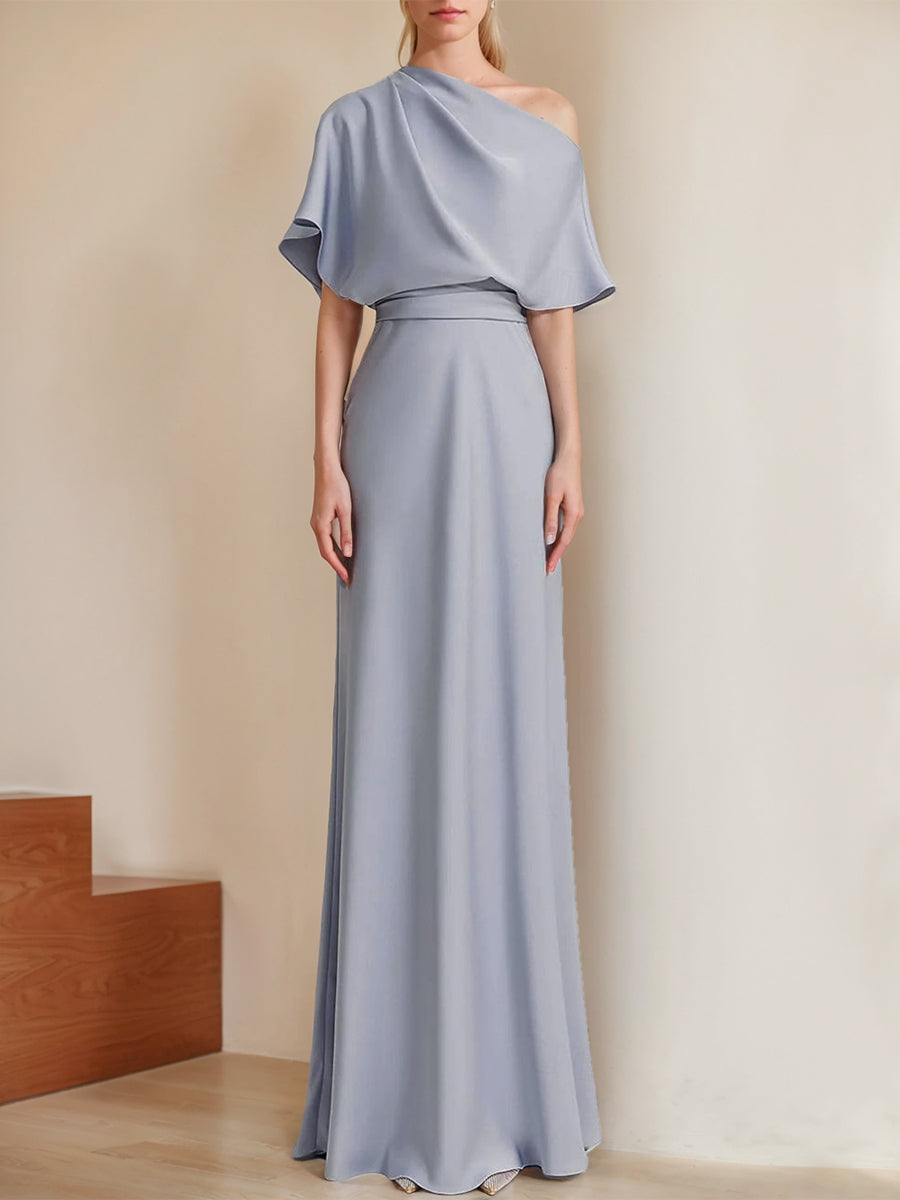 Off-the-Shoulder Short Sleeve Satin A-Line Evening Dresses with Ruffles