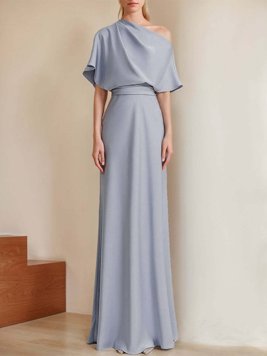 Off-the-Shoulder Short Sleeve Satin A-Line Evening Dresses with Ruffles