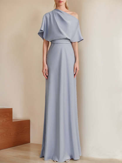 Off-the-Shoulder Short Sleeve Satin A-Line Evening Dresses with Ruffles