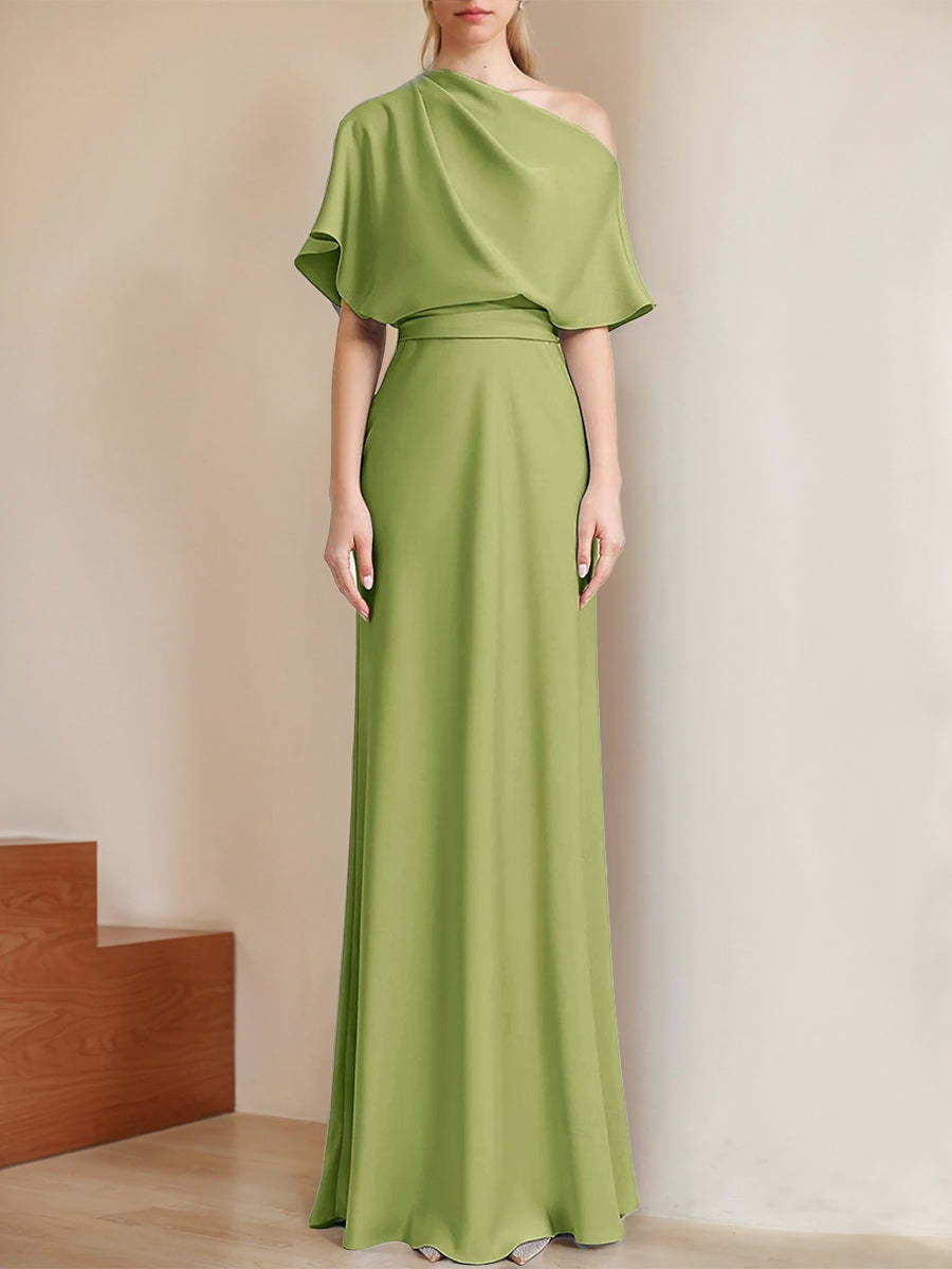 Off-the-Shoulder Short Sleeve Satin A-Line Evening Dresses with Ruffles