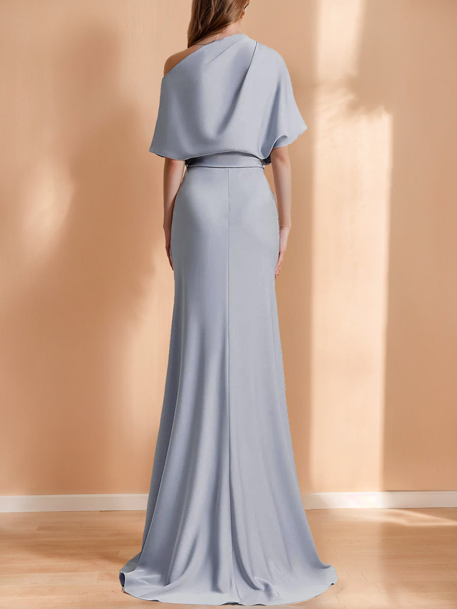 Off-the-Shoulder Short Sleeve Satin A-Line Evening Dresses with Ruffles