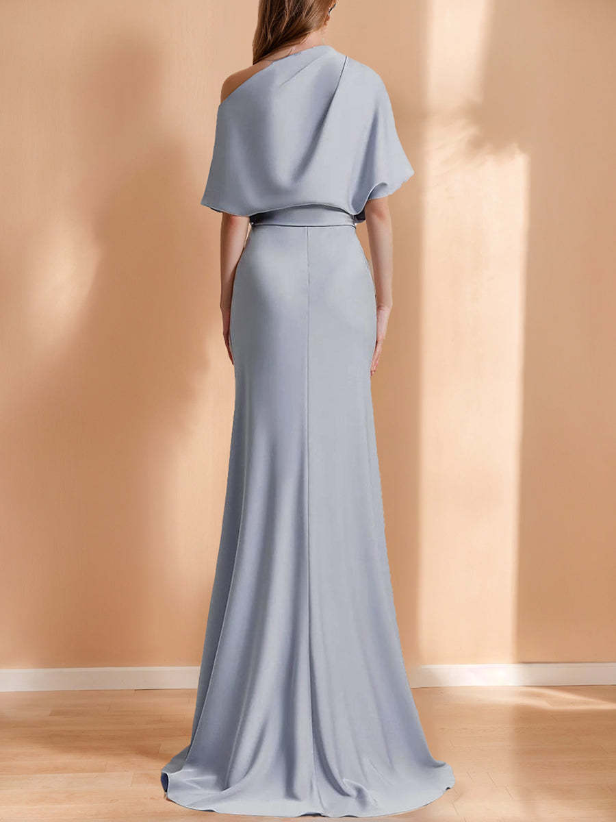 Off-the-Shoulder Short Sleeve Satin A-Line Evening Dresses with Ruffles