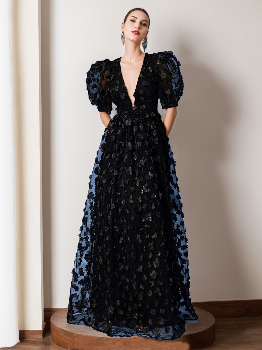 V-Neck A-Line Princess Evening Dresses in Chiffon with Floral Embroidery and Half Sleeves