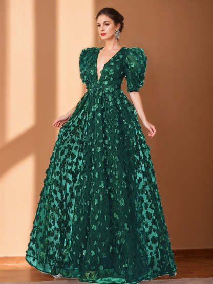 V-Neck A-Line Princess Evening Dresses in Chiffon with Floral Embroidery and Half Sleeves