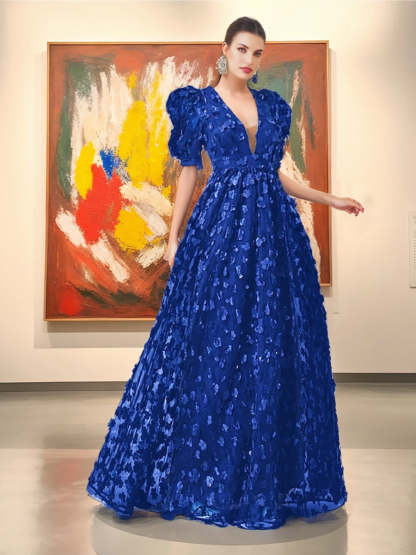 V-Neck A-Line Princess Evening Dresses in Chiffon with Floral Embroidery and Half Sleeves