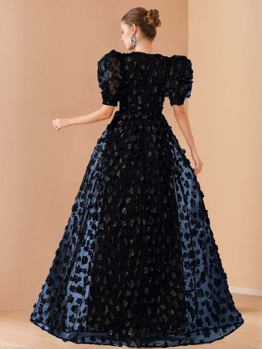 V-Neck A-Line Princess Evening Dresses in Chiffon with Floral Embroidery and Half Sleeves