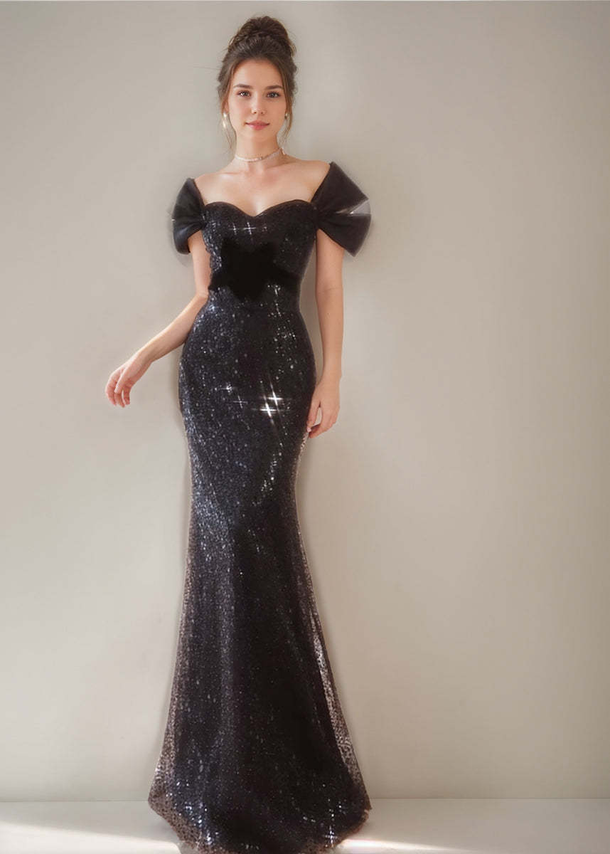 Elegant Black A-Line/Princess Evening Dress with Short Sleeves Sequins and Ruffles