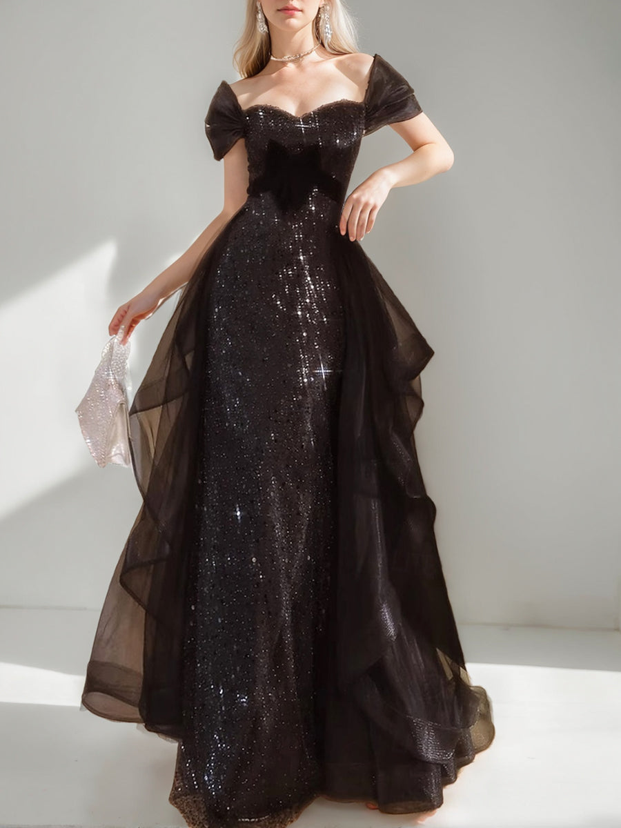 Elegant Black A-Line/Princess Evening Dress with Short Sleeves Sequins and Ruffles