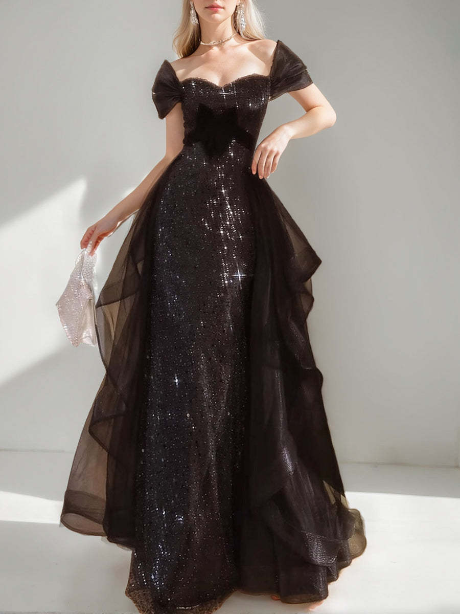 Elegant Black A-Line/Princess Evening Dress with Short Sleeves Sequins and Ruffles